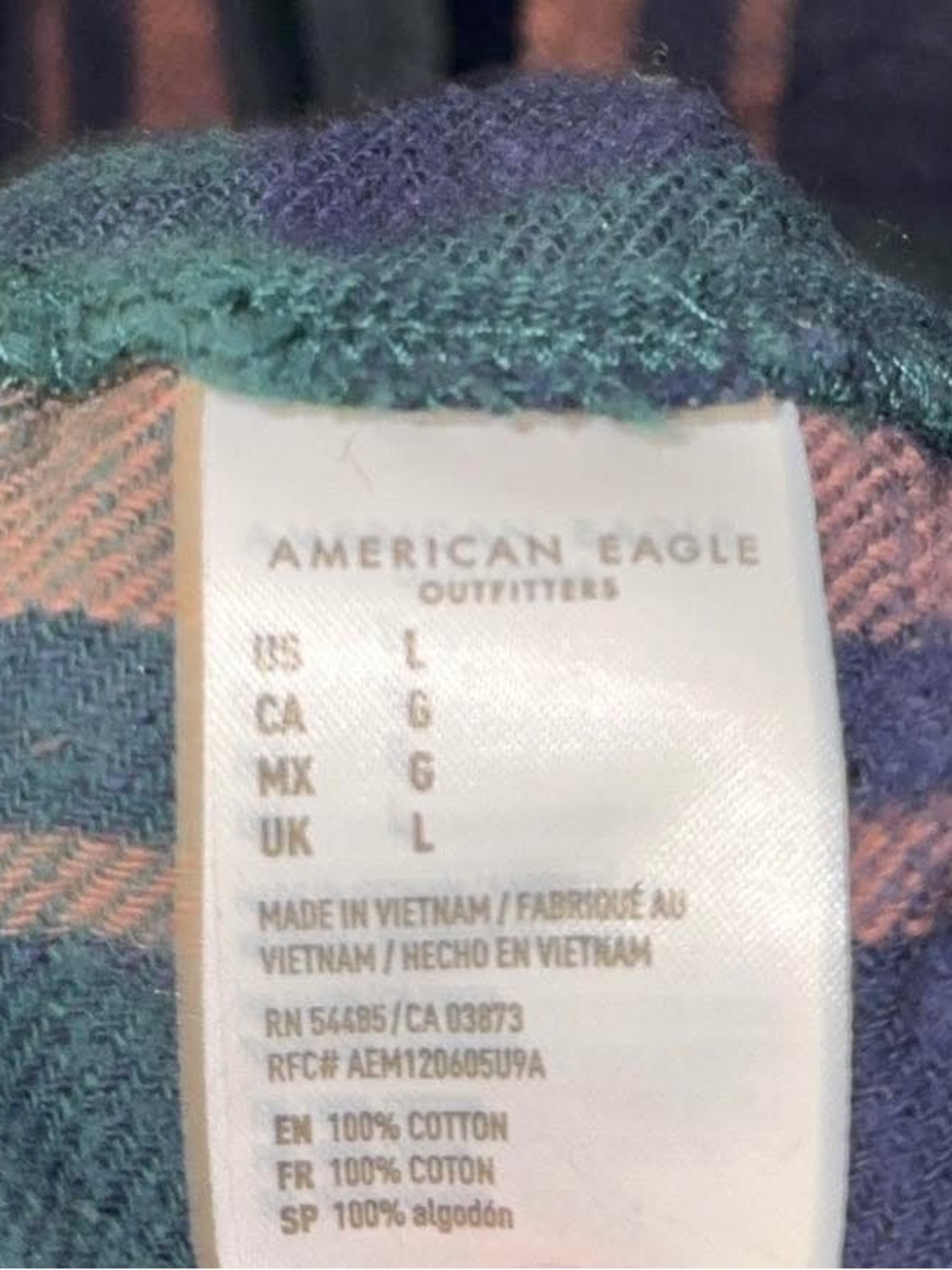 American Eagle Outfitters Navy, Green & Pink Plaid Button-Down - Picture 3 of 4